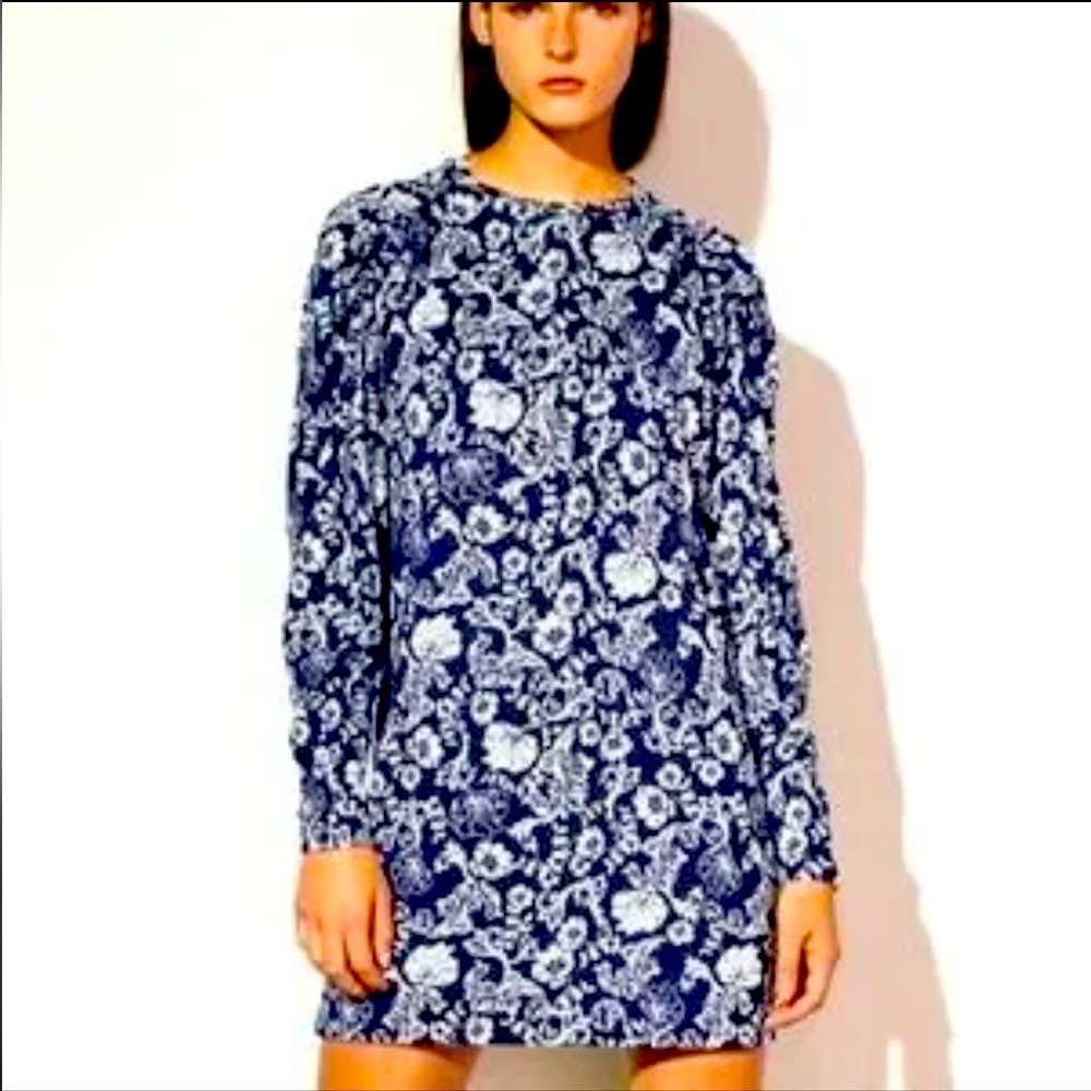 ZARA Navy Floral Jacquard Tunic Dress Size Medium - Picture 2 of 7